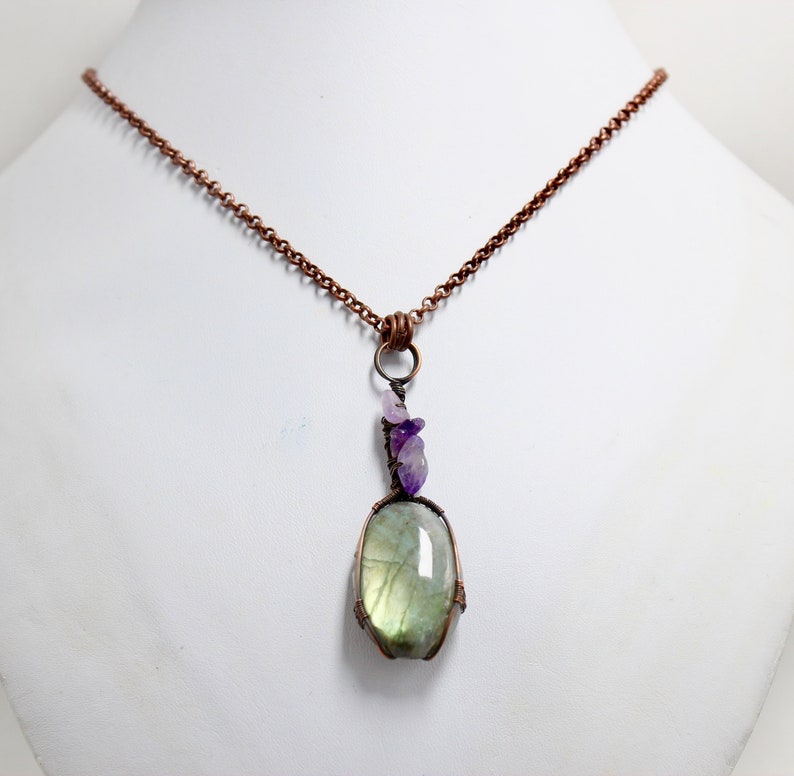 Droplet of Labradorite Heady Wire Wrap Pendant with Amethyst Copper Chain endant Copper Wire Wrapped Cabochon