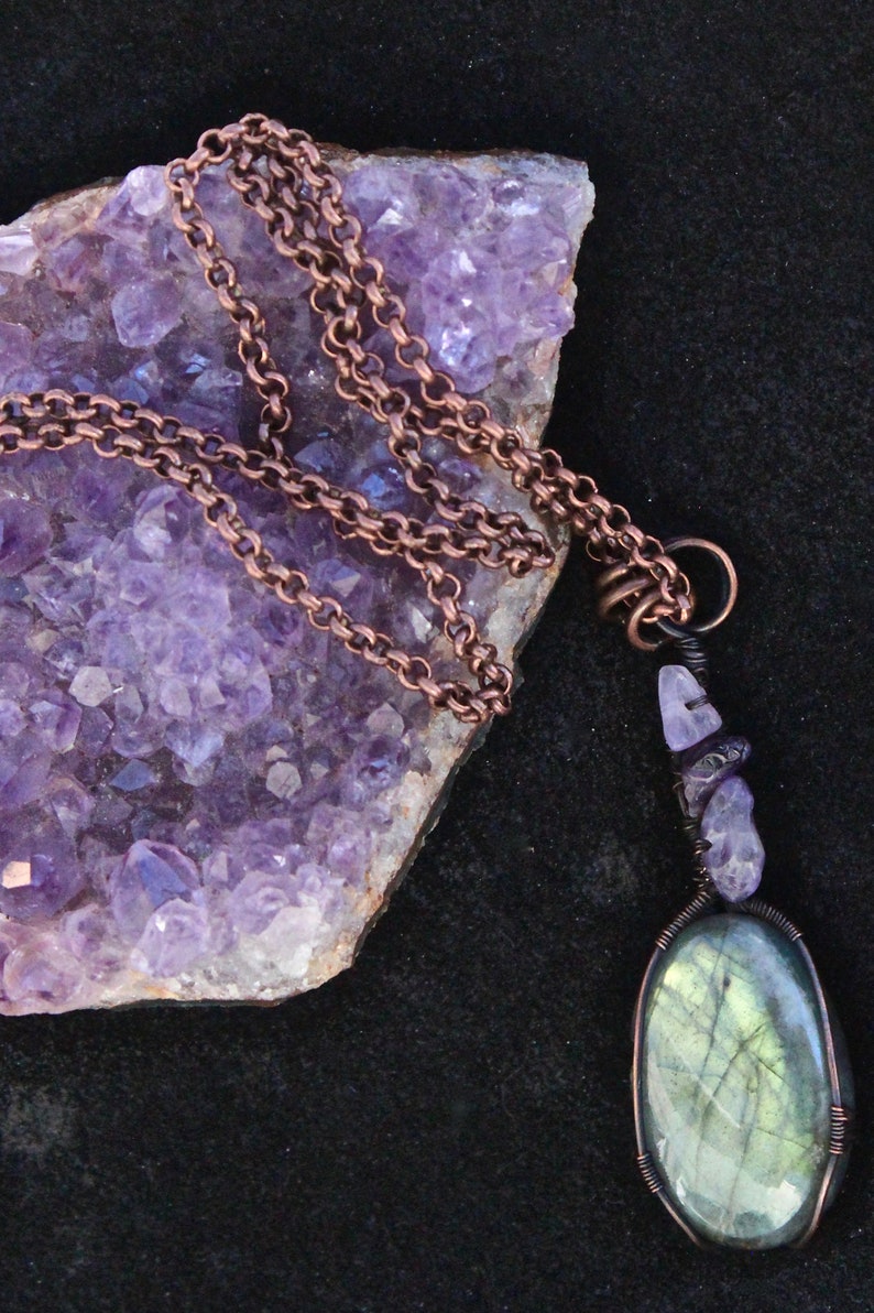 Droplet of Labradorite Heady Wire Wrap Pendant with Amethyst Copper Chain endant Copper Wire Wrapped Cabochon
