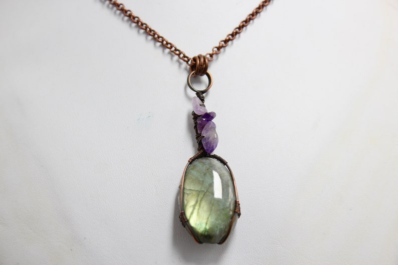 Droplet of Labradorite Heady Wire Wrap Pendant with Amethyst Copper Chain endant Copper Wire Wrapped Cabochon