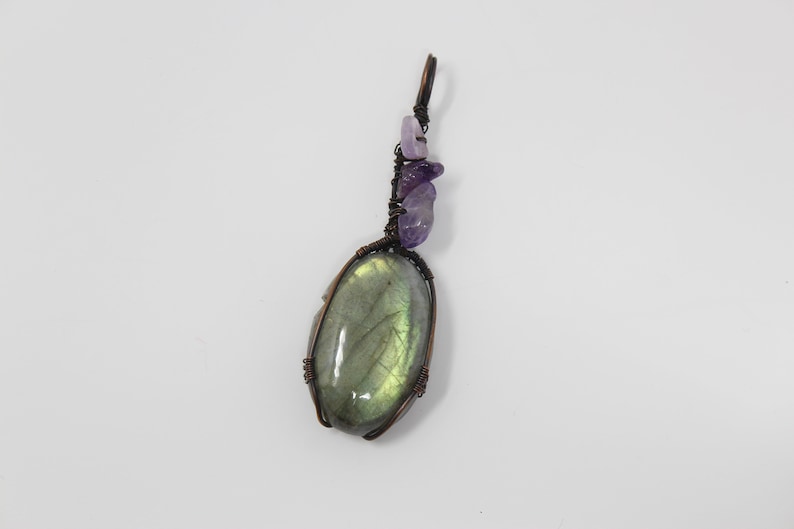 Droplet of Labradorite Heady Wire Wrap Pendant with Amethyst Copper Chain endant Copper Wire Wrapped Cabochon