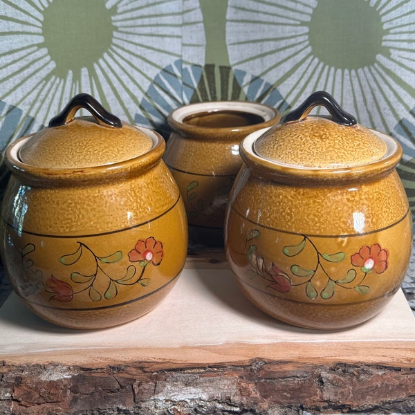 1970s Amber Canister with lid and floral pattern