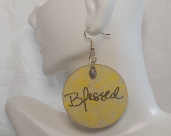 Blessed Script Yellow Finger Stained Large Drop Earrings - Statement Earrings w/Leaf Charm Wood Engraved Gift Handmade