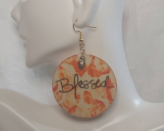 Blessed Script Orange Finger Stained Large Drop Earrings - Statement Earrings w/Leaf Charm Wood Engraved Gift Handmade