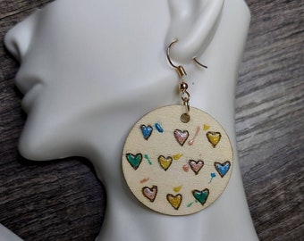 Multicolor Falling Hearts Handmade Love Wood Statement Hoop Earrings Wood Engraved Gift Handmade