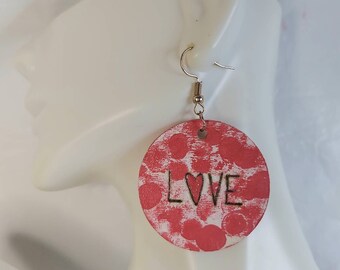 Fuchsia Pink Love Heart Handmade Wood Hoop Statement Earrings Wood Engraved Gift Handmade