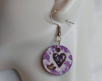 Purple & White Show Your Love Wood Dangle Earrings Wood Stud Earring Circles Multi Wood Engraved Gift Handmade