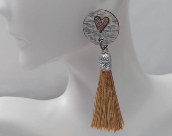 Sparkle Love Heart Gold Tassel Oorbellen Drop Oorbellen Houten Stud Oorbellen Hout Gegraveerd Cadeau Handgemaakt