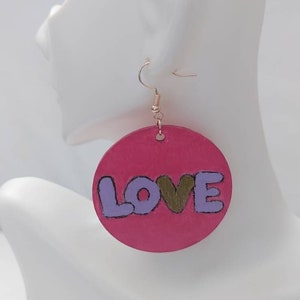 Fuschia Grafitti Love Large Handmade Wood Statement Earrings Wood Engraved Gift Handmade image 1