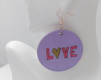 Lavendar Grafitti Love Large Handmade Wood Statement Earrings Wood Engraved Gift Handmade