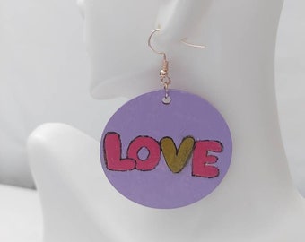Lavendar Grafitti Love Large Handmade Wood Statement Earrings Wood Engraved Gift Handmade