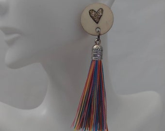 Sparkle Love Heart Rainbow Tassel Earrings Drop Earrings Wooden Stud Earrings Wood Engraved Gift Handmade