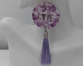 Purple Lavendar Love Wood Silver Tassel Drop Earrings Wood Hang Earrings Wood Engraved Gift Handmade