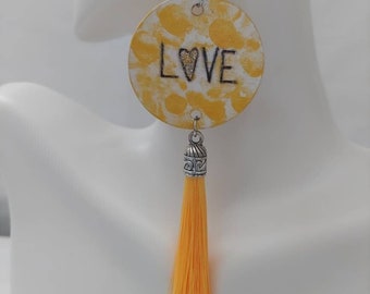 Sunshine Yellow Love Wood Silver Tassel Handgemaakte Hoop Drop Oorbellen Hout Gegraveerd Cadeau Handgemaakt