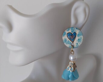 Floral Love Blue Heart Speckles Handmade Pearl Dangle Wood Stud Drop Earrings Wood Engraved Gift Handmade