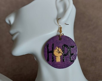 Hope Fist Drop Earrings Purple, Black & Gold Wood Engraved Gift Handmade