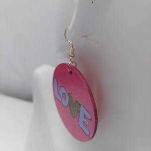 Fuschia Grafitti Love Large Handmade Wood Statement Earrings Wood Engraved Gift Handmade image 8