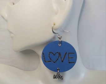 Blue Love Live Handmade Wood Hoop Drop Earrings Wood Engraved Gift Handmade