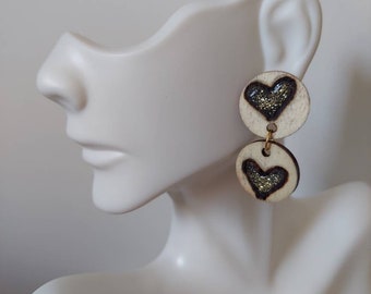 Double Heart Love Zwart & Goud Handgemaakte Dangle Drop Houten Stud Oorbellen Hout Gegraveerd Cadeau Handgemaakt