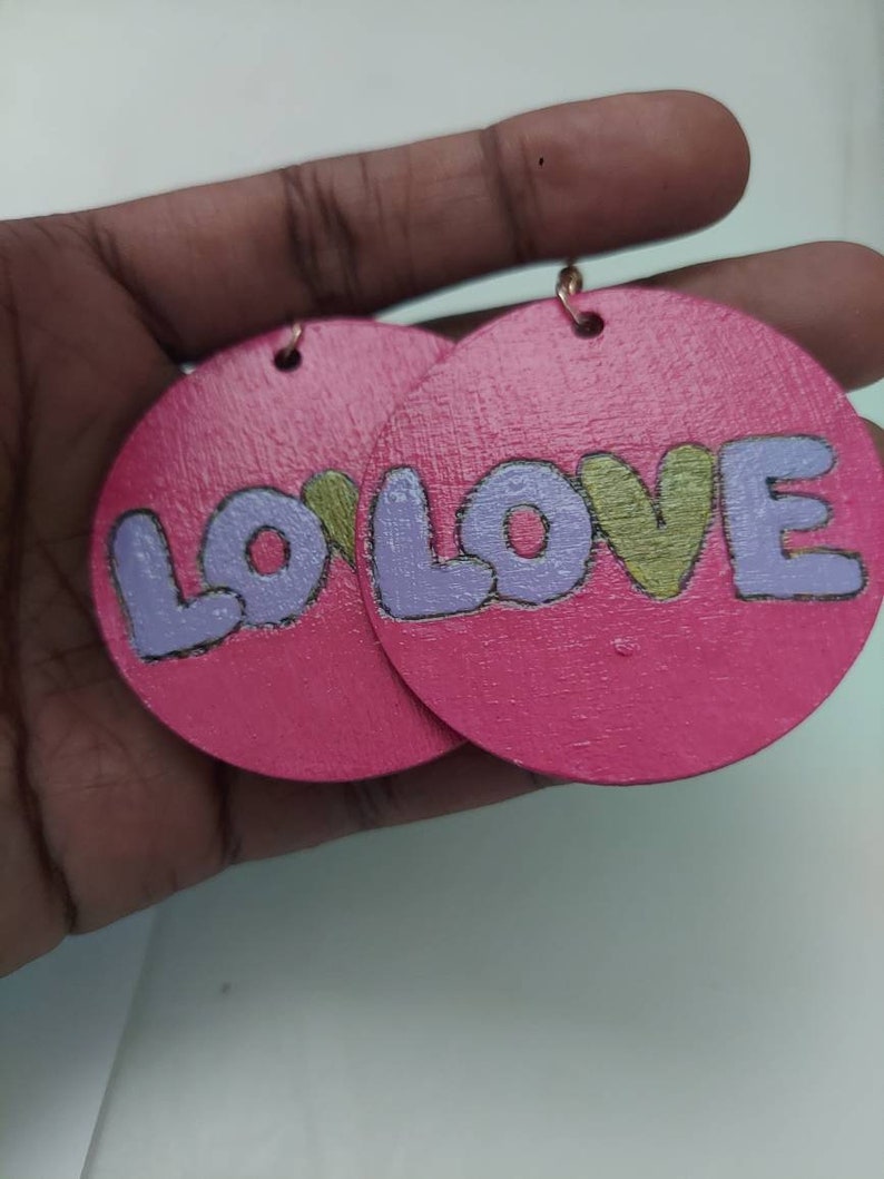 Fuschia Grafitti Love Large Handmade Wood Statement Earrings Wood Engraved Gift Handmade image 9