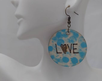 Turquoise Blue Love Heart Drop Earrings - Love Statement Earrings Wood Engraved Gift Handmade