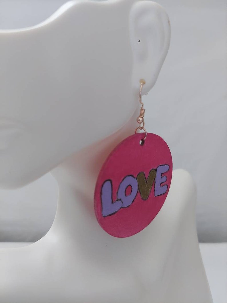 Fuschia Grafitti Love Large Handmade Wood Statement Earrings Wood Engraved Gift Handmade image 6