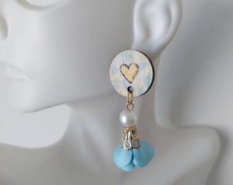 Floral Love Gold Heart W/Blue Speckles Pearl Dangle Handmade Wood Stud Drop Earrings Wood Engraved Gift Handmade