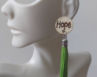 Hope Green Tassel Wood Drop Earrings Wood Stud Dangle Earrings Wood Engraved Gift Handmade