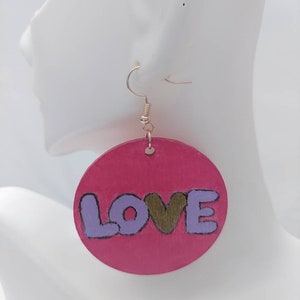 Fuschia Grafitti Love Large Handmade Wood Statement Earrings Wood Engraved Gift Handmade image 2