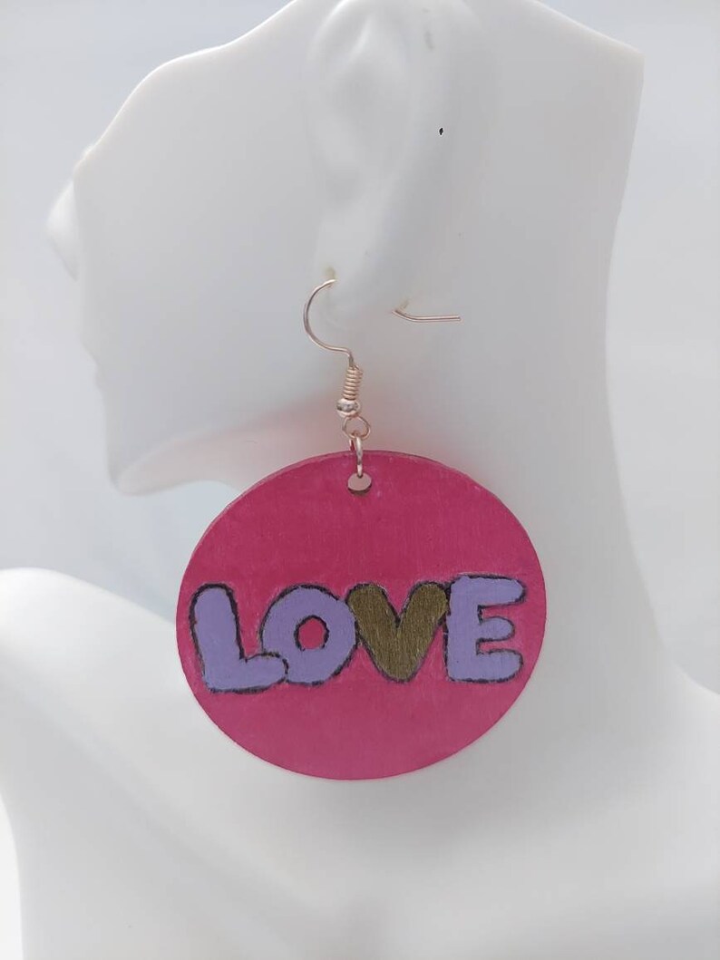 Fuschia Grafitti Love Large Handmade Wood Statement Earrings Wood Engraved Gift Handmade image 2