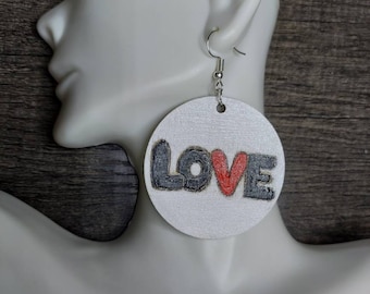 Grafitti Love Large Handmade Wood Statement Earrings White Black Red Wood Engraved Gift Handmade