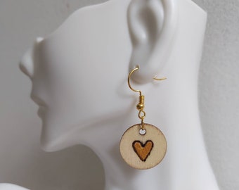 Gold Love Heart Wood Drop Earrings Wood Dangle Earring Circles Wood Engraved Gift Handmade