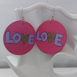 Fuschia Grafitti Love Large Handmade Wood Statement Earrings Wood Engraved Gift Handmade image 5