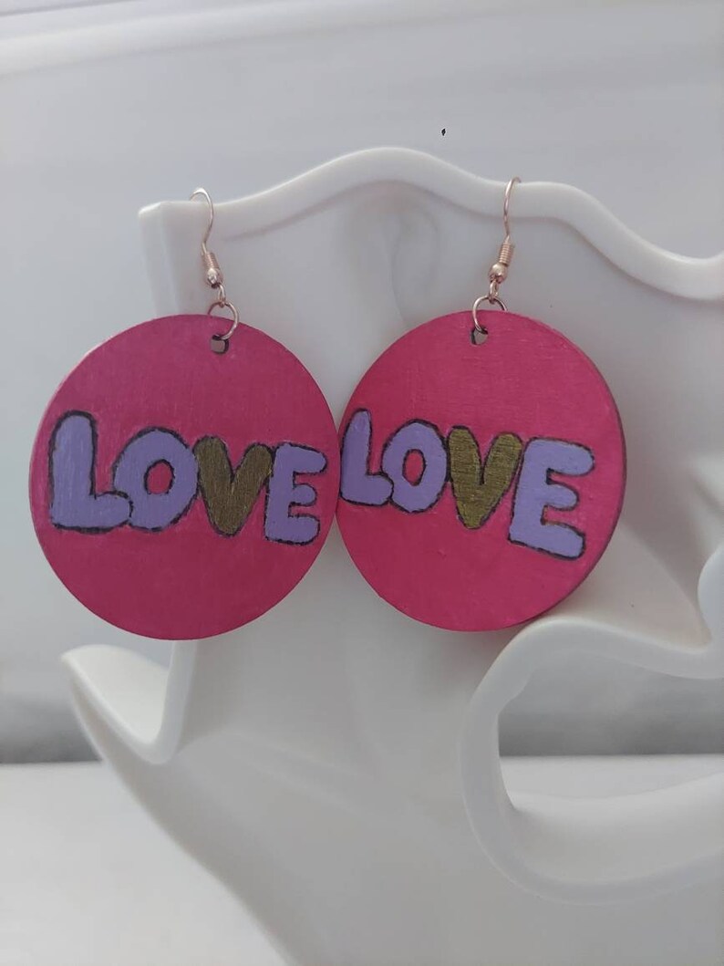 Fuschia Grafitti Love Large Handmade Wood Statement Earrings Wood Engraved Gift Handmade image 5