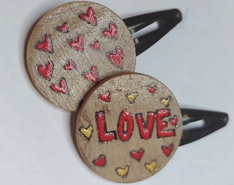 Grafitti Love Flurry of Hearts Wood Hair Clip Set in Red & Gold