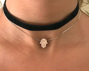 Sterling Silver Hamsa Hand Necklace for Women or Girls, Regular or Choker, Adjustable