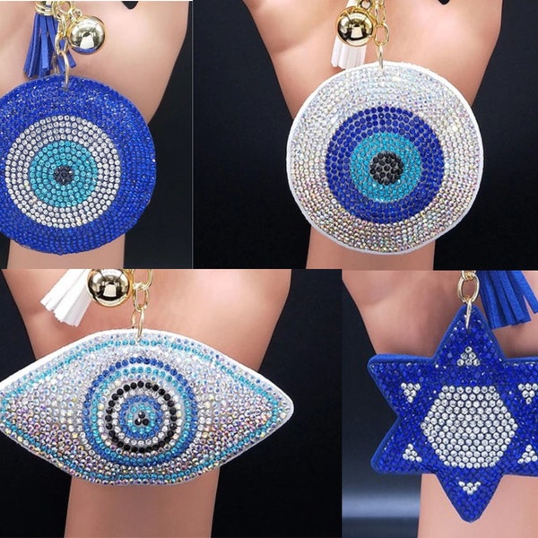 Handcrafted Sparkly Hand of Fatima Hamsa Evil Eye Jewish Star of David Keychain Handbag Car Charm - Spiritual Protection & Evil Eye Defense