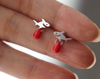 Sharks! Cute GREAT WHITE tiny shark with drop of blood stud post earrings