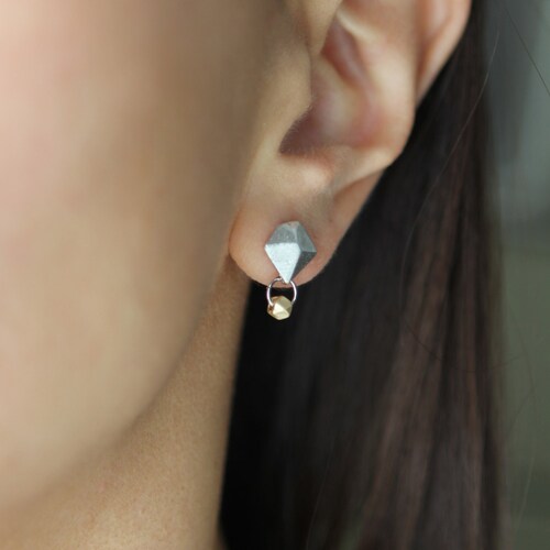 Diamond With Dangling Gold Nugget Earrings Small Cute Ear Etsy