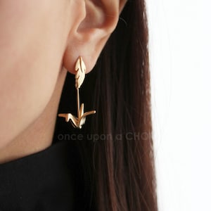 Japanese Crane Dangling on a Feather stud post earrings | Gold cranes | silver crane bird