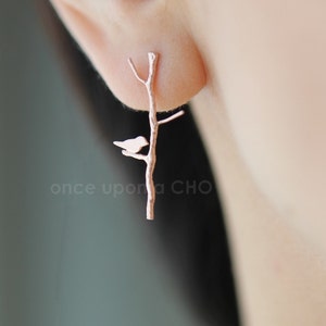 Love Birdie on twig stick long earrings in gold or silver or pink finish image 3