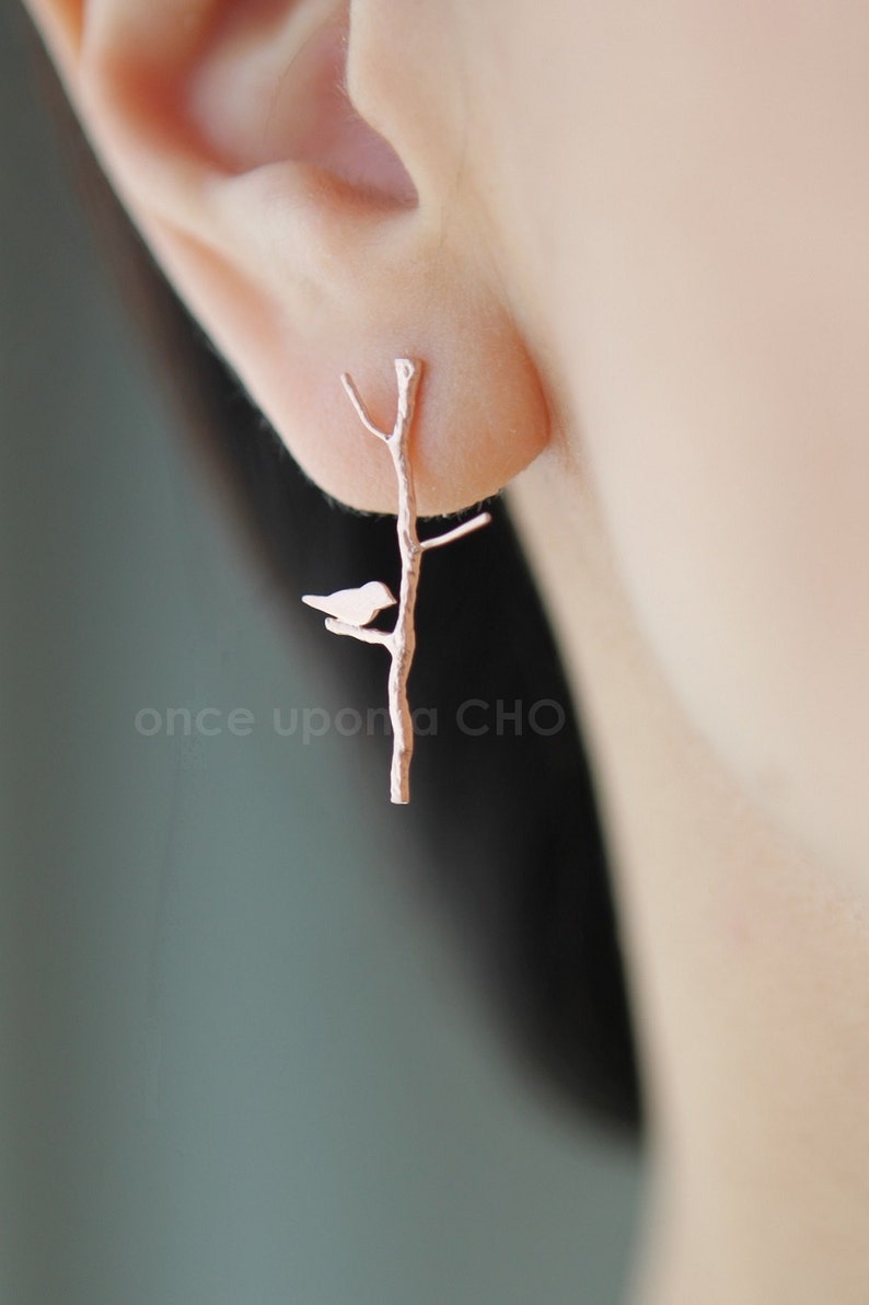 Love Birdie on twig stick long earrings in gold or silver or pink finish image 3