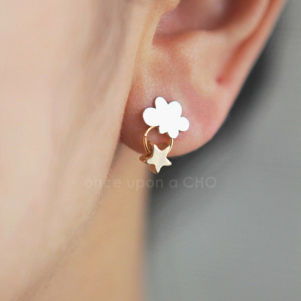 Pendientes colgantes de estrella dorada con nube de plata