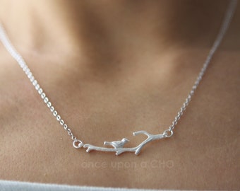 Love Birdie on twig necklace in gold or silver finish | horizontal pendant
