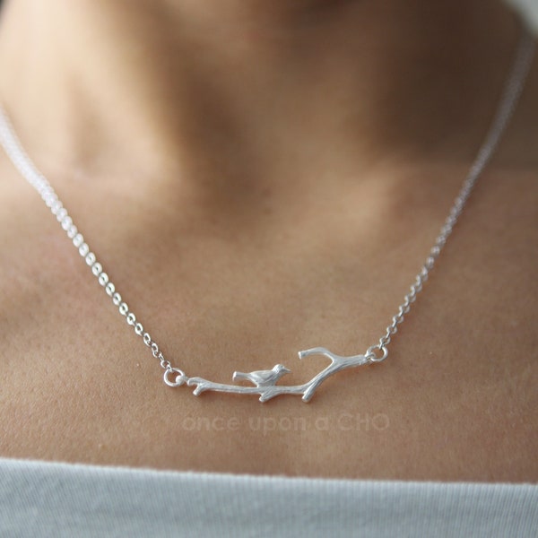 Love Birdie on twig necklace in gold or silver finish | horizontal pendant