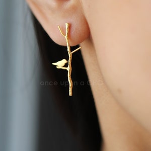 Love Birdie on twig stick long earrings in gold or silver or pink finish image 2