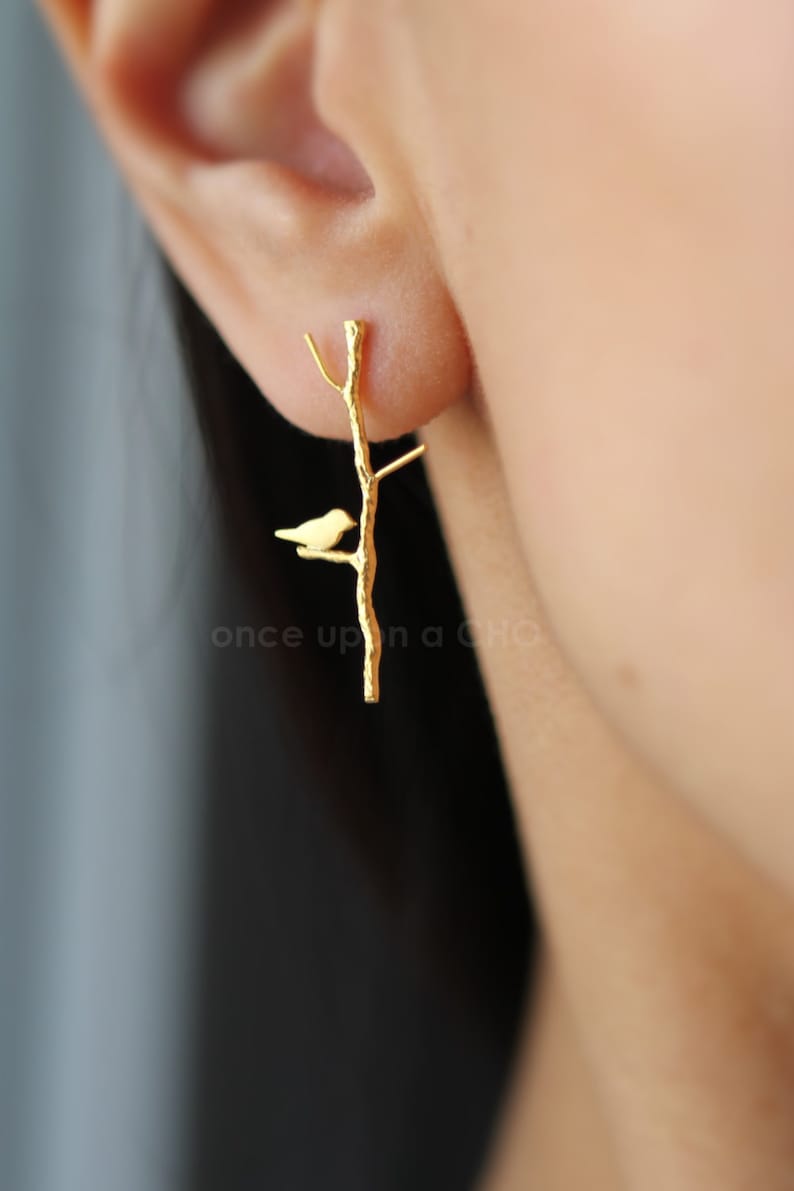 Love Birdie on twig stick long earrings in gold or silver or pink finish image 2