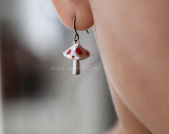 Cute Magic Mushrooms with little red spots on titanium hoop hook earrings | matte silver finish