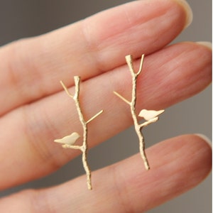 Love Birdie on twig stick long earrings in gold or silver or pink finish image 5