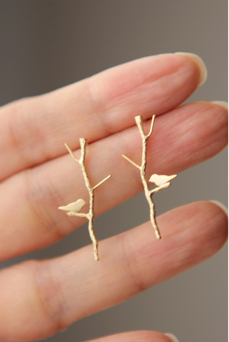 Love Birdie on twig stick long earrings in gold or silver or pink finish image 5