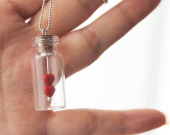 Bottled Glass Hearts for your SweetHeart | Small red Love Hearts in Glass Bottle Necklace Pendant in gold or silver finish